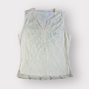 Vintage Cream Lace Tank with Blue Iridescent Sequins